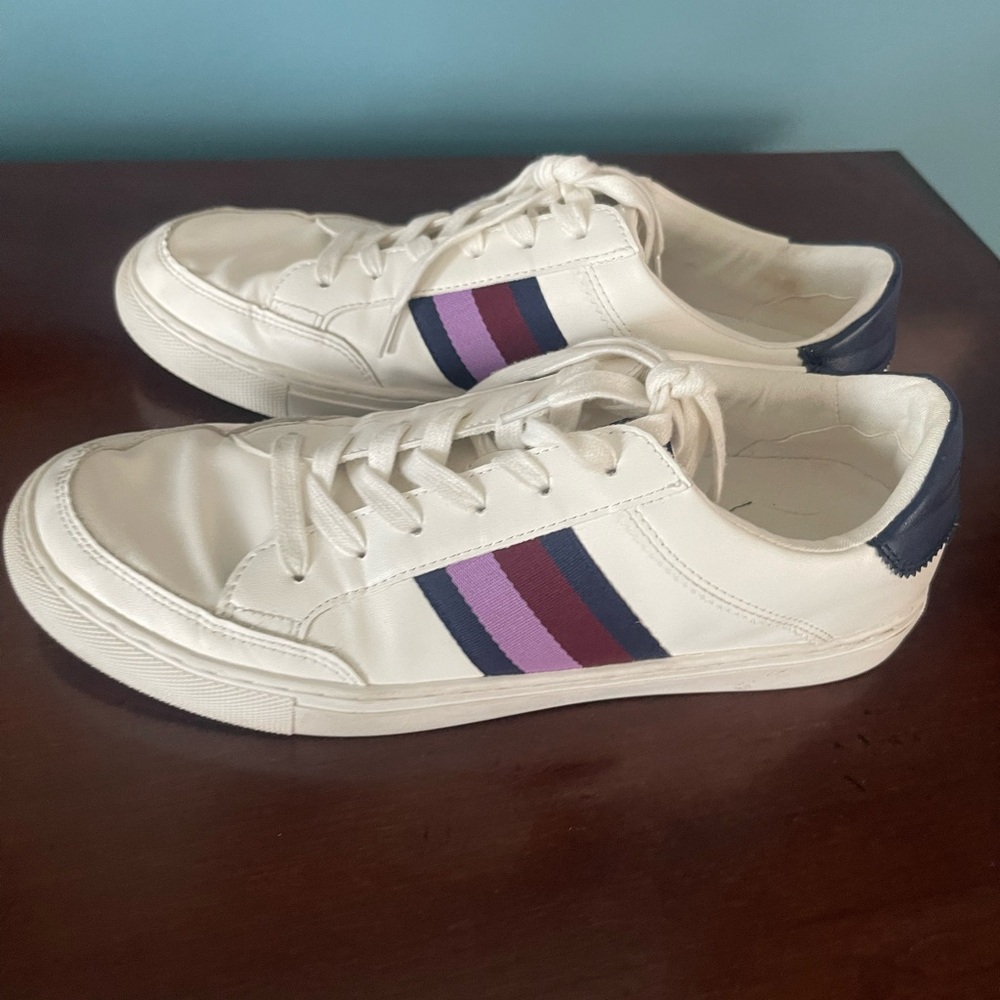 J.Crew White Sneakers with Purple and Navy Accents Wm Size 11